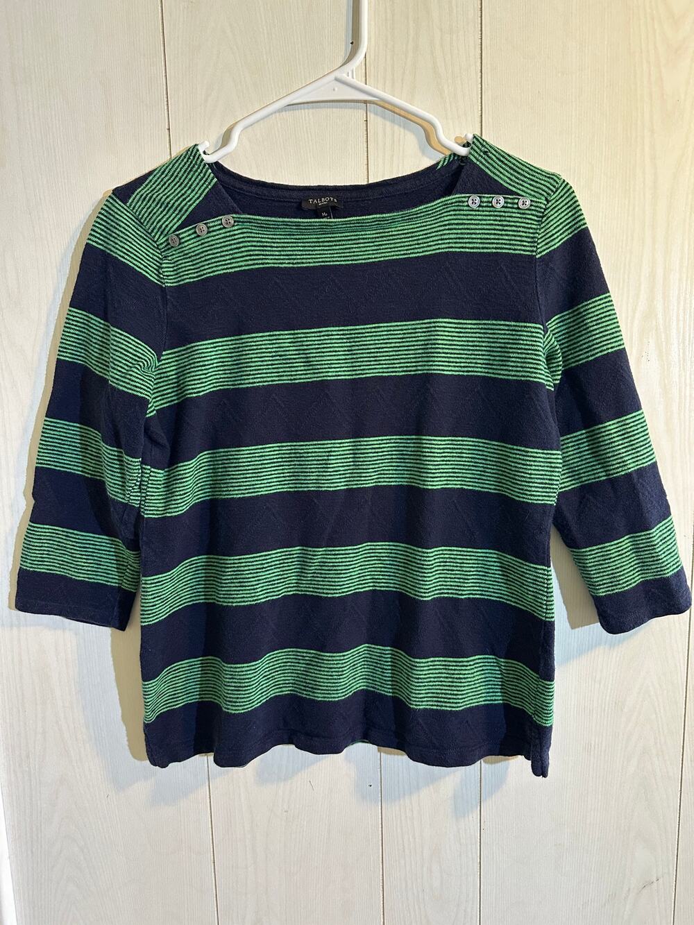Talbots Striped Button Shoulder Top Womens Mp Medium Green Navy 100% Cotton